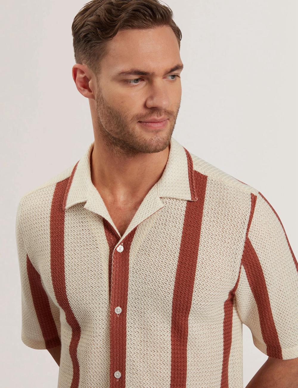 Ted Baker NIKS - Short Sleeve Stripe Crochet Oversized シャツ メンズ Taupe | Japan  TSGD-05891