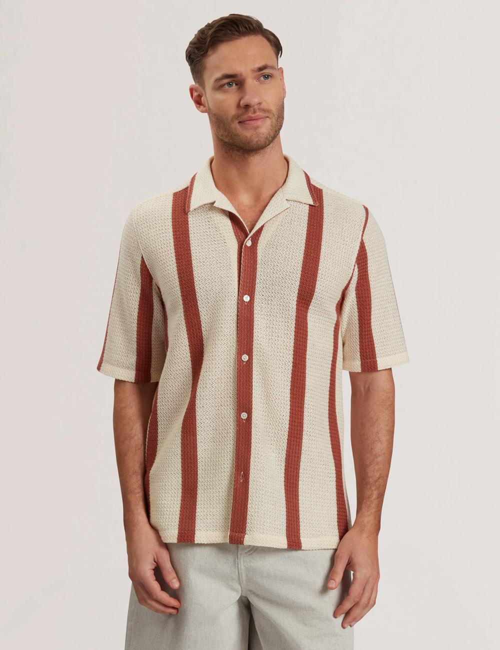 Ted Baker NIKS - Short Sleeve Stripe Crochet Oversized シャツ メンズ Taupe | Japan  TSGD-05891