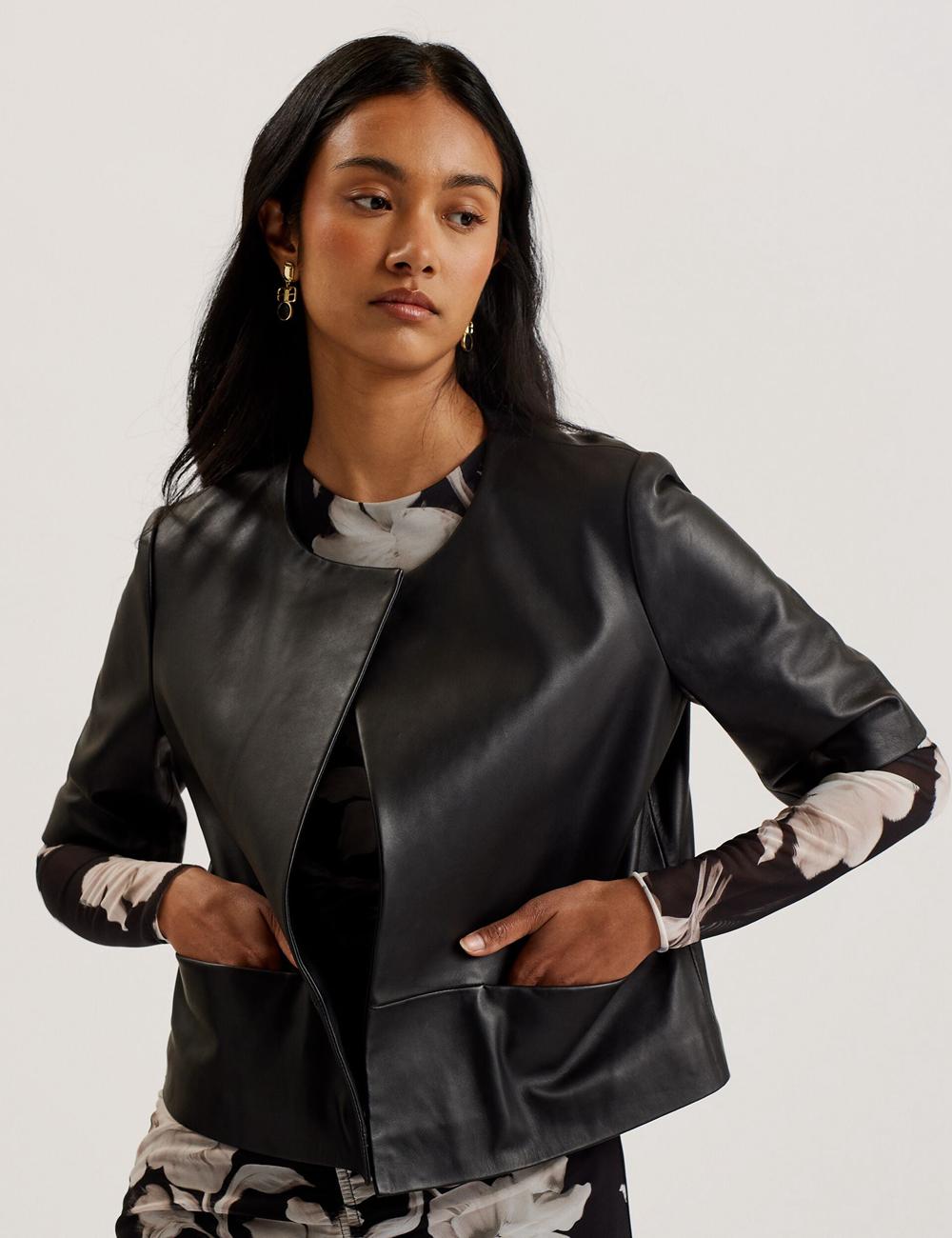 Ted Baker OBINO - Cropped Sleeve Open Leather ジャケット レディース 黒 | Japan  RCVM-24309