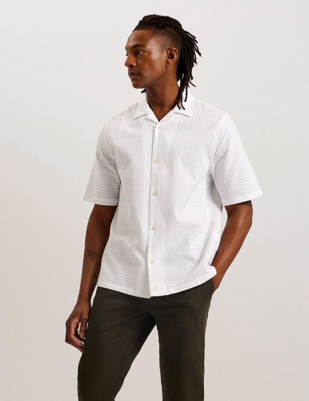 Ted Baker OISE - Textured Grid Cotton Short Sleeve シャツ メンズ 白 | Japan  ZQSG-41208