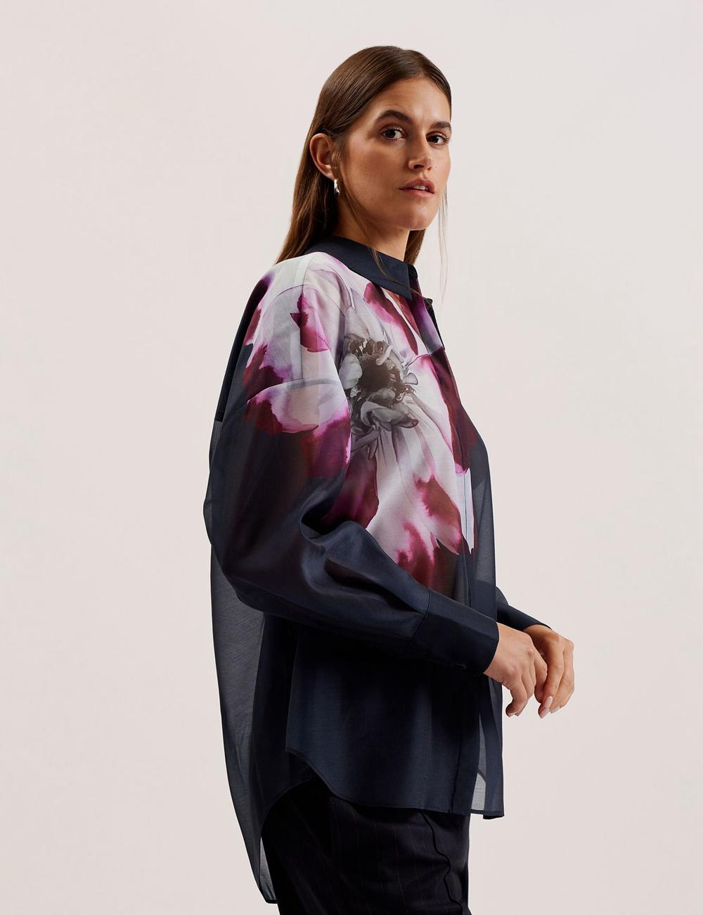 Ted Baker ORRIN - Floral Sheer Organza Oversized シャツ レディース ネイビー | Japan  ABSZ-48392