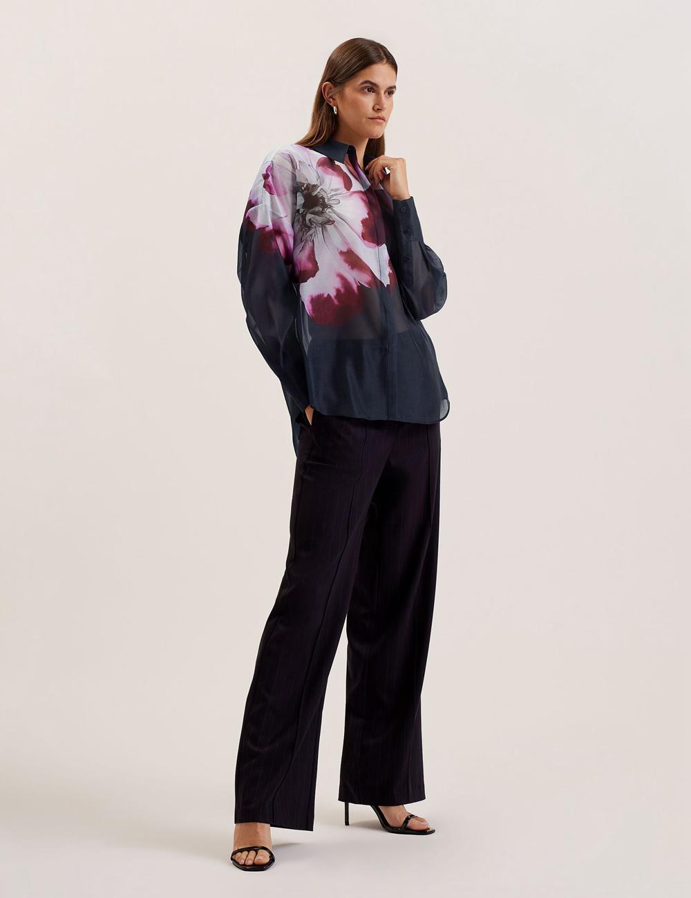 Ted Baker ORRIN - Floral Sheer Organza Oversized シャツ レディース ネイビー | Japan  ABSZ-48392