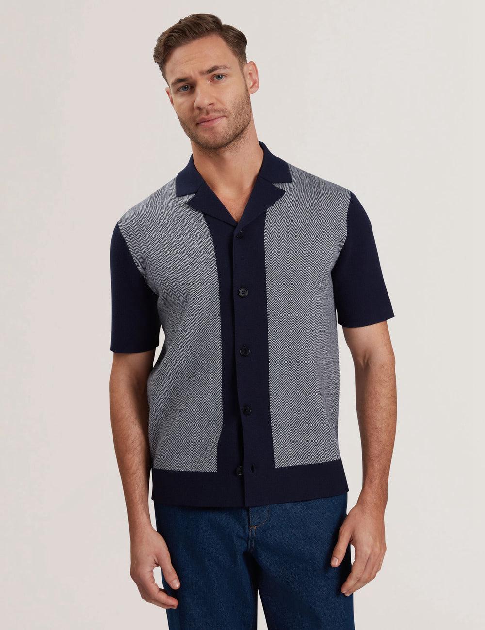 Ted Baker PADRIG - Herringbone Knit Colour Block Short Sleeve シャツ メンズ ネイビー | Japan  TZYF-56320