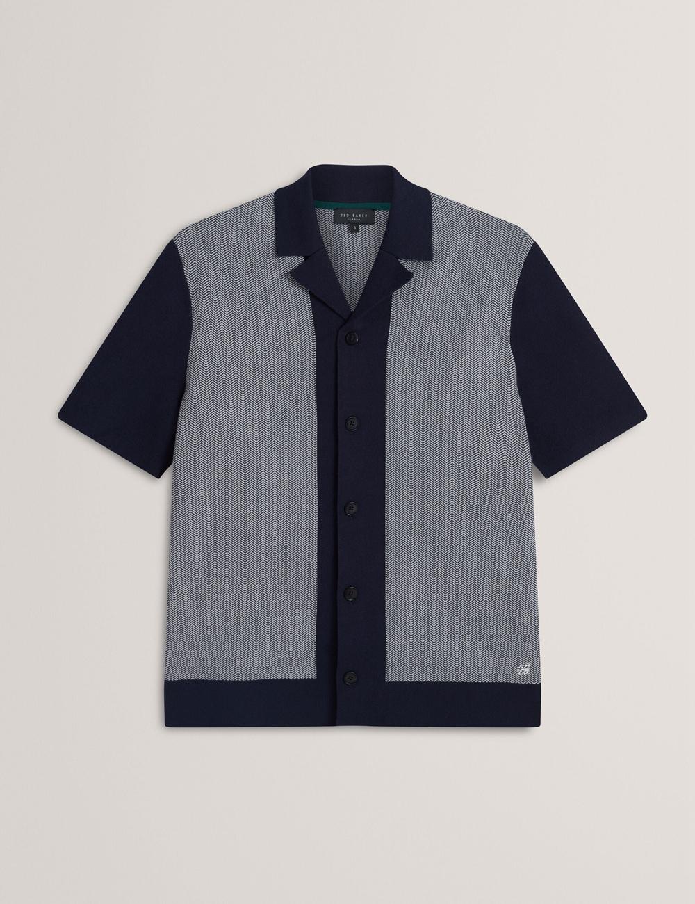 Ted Baker PADRIG - Herringbone Knit Colour Block Short Sleeve シャツ メンズ ネイビー | Japan  TZYF-56320