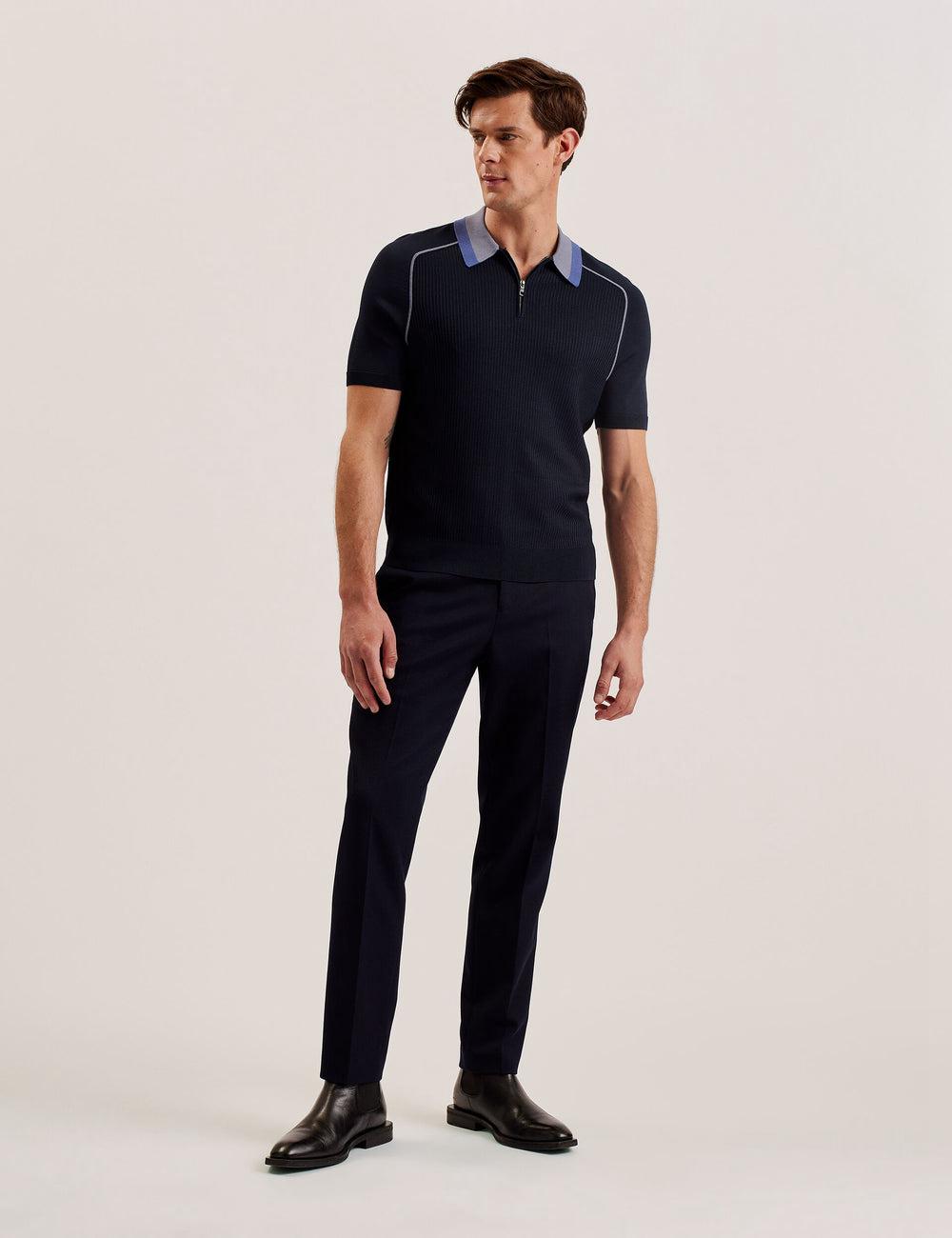 Ted Baker PAXTO - Textured Zip With Striped Collar ポロシャツ メンズ ネイビー | Japan  OEKJ-75240