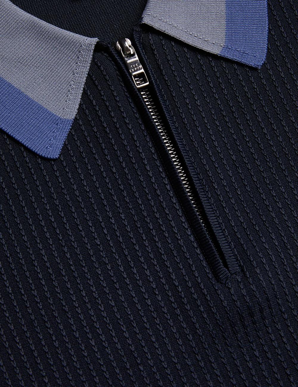 Ted Baker PAXTO - Textured Zip With Striped Collar ポロシャツ メンズ ネイビー | Japan  OEKJ-75240