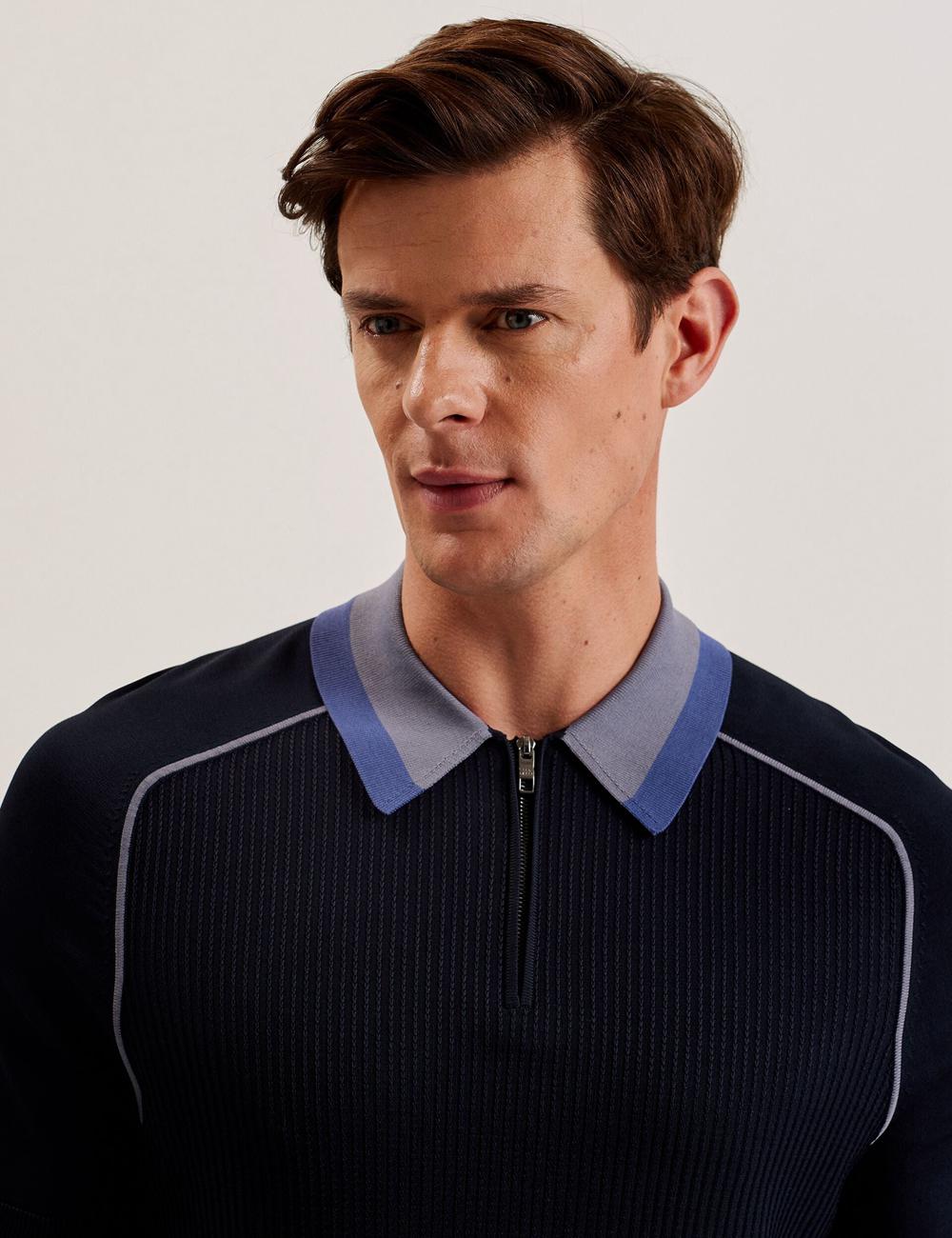 Ted Baker PAXTO - Textured Zip With Striped Collar ポロシャツ メンズ ネイビー | Japan  OEKJ-75240