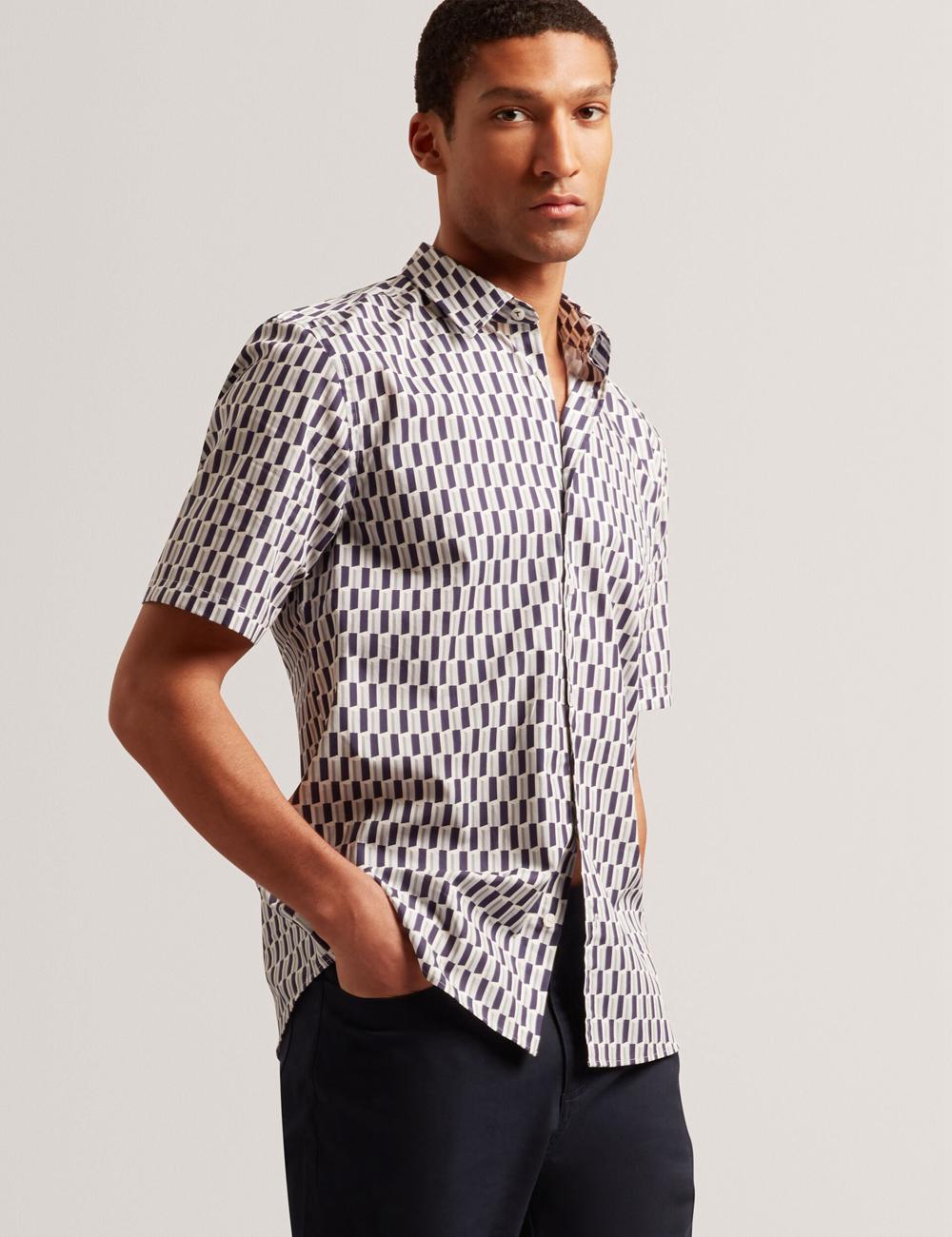 Ted Baker PEARSOS - Geo Print Short Sleeve Cotton シャツ メンズ ネイビー | Japan  FQWP-57364