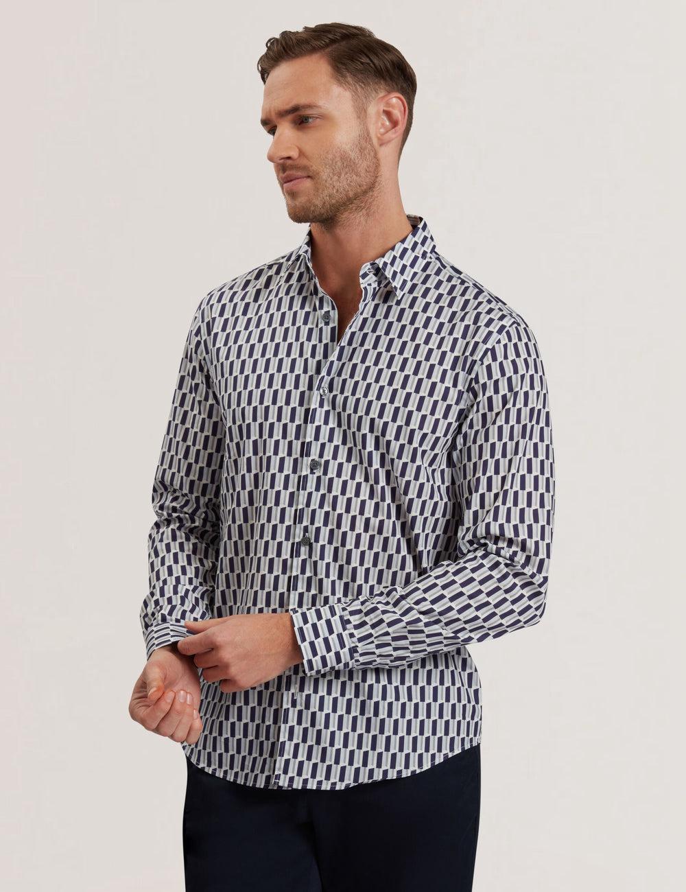 Ted Baker PEARSO - Geometric Stripe Long Sleeve Cotton シャツ メンズ ネイビー | Japan  JUTD-96014