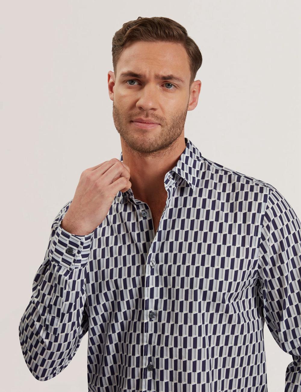 Ted Baker PEARSO - Geometric Stripe Long Sleeve Cotton シャツ メンズ ネイビー | Japan  JUTD-96014