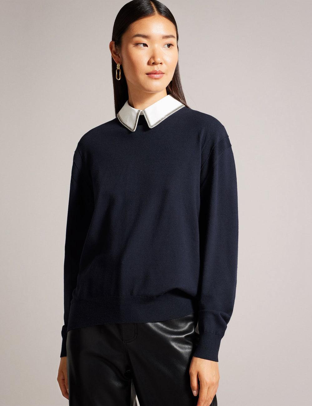 Ted Baker PENNII - Mockable With Embellished Shirt Collar ジャンパー レディース ネイビー | Japan  EBMN-63870