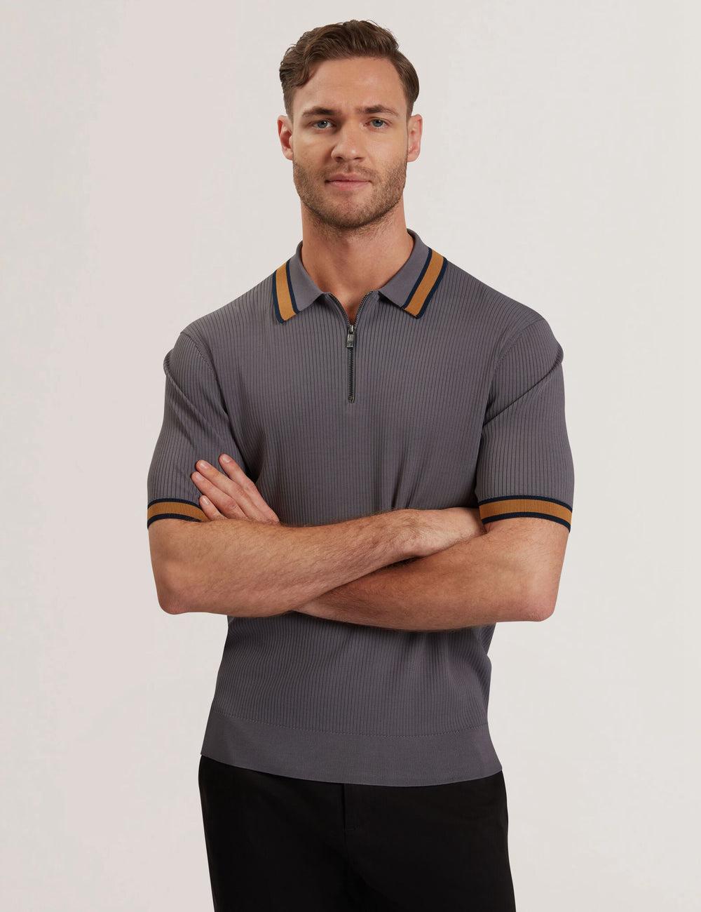 Ted Baker RAFAELO - Striped Trim Zip Neck Ribbed ポロシャツ メンズ グレー | Japan  JPNW-60284