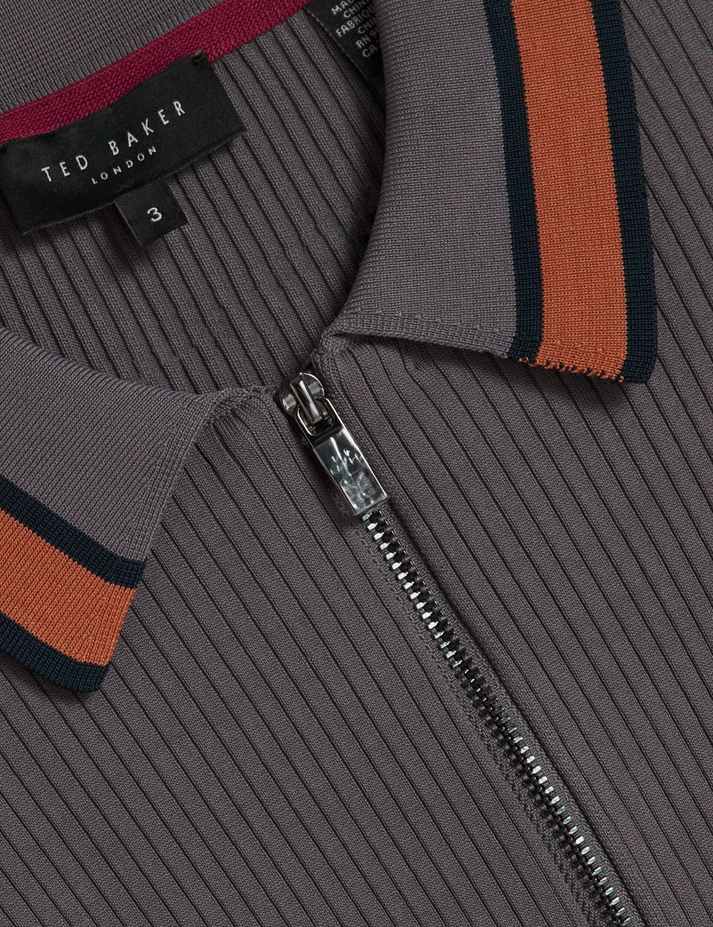 Ted Baker RAFAELO - Striped Trim Zip Neck Ribbed ポロシャツ メンズ グレー | Japan  JPNW-60284
