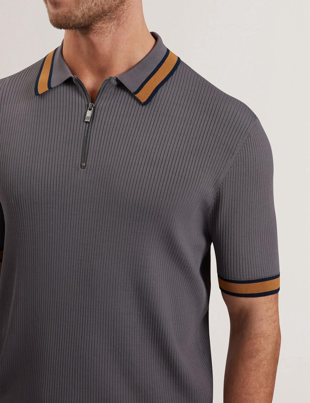 Ted Baker RAFAELO - Striped Trim Zip Neck Ribbed ポロシャツ メンズ グレー | Japan  JPNW-60284