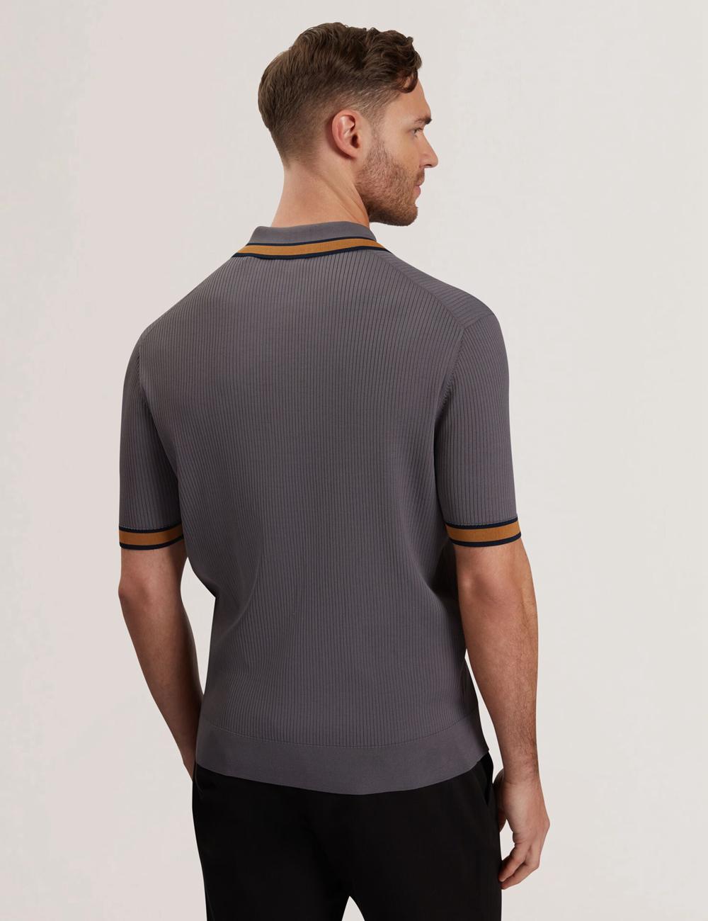 Ted Baker RAFAELO - Striped Trim Zip Neck Ribbed ポロシャツ メンズ グレー | Japan  JPNW-60284