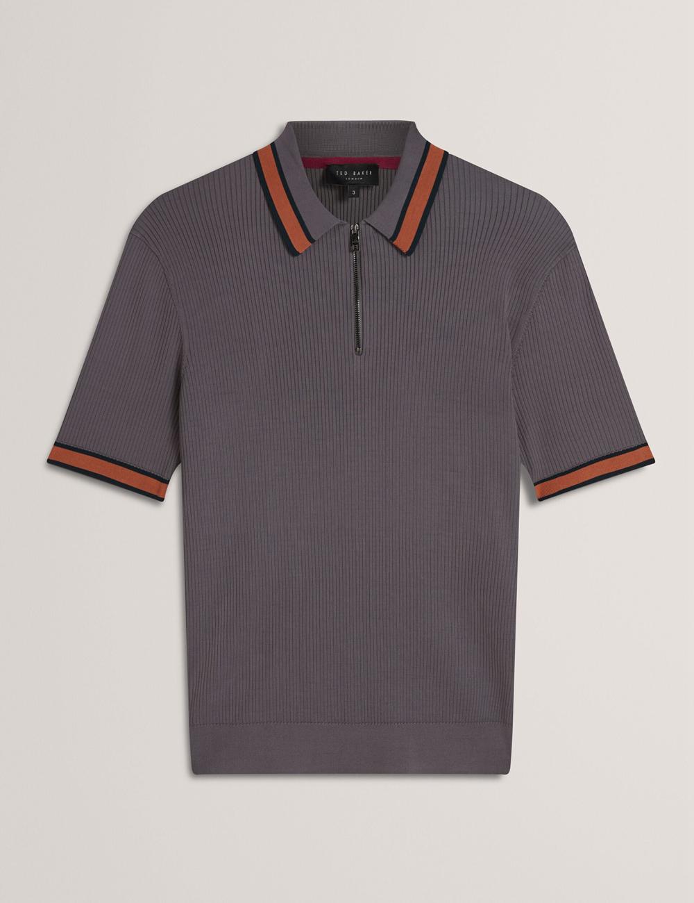 Ted Baker RAFAELO - Striped Trim Zip Neck Ribbed ポロシャツ メンズ グレー | Japan  JPNW-60284