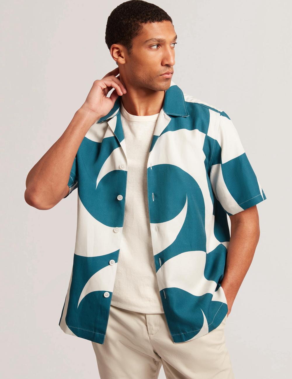 Ted Baker ROLDAN - Short Sleeve Oversized Swirl Print シャツ メンズ ターコイズ | Japan  FVEC-35986