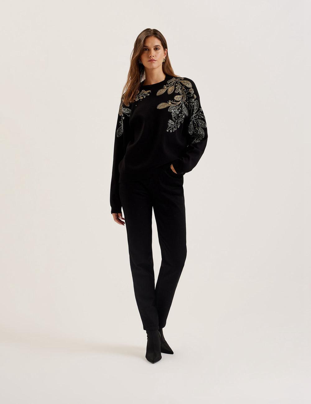 Ted Baker ROSMRRY - Embellished Floral Detail Knitted ジャンパー レディース 黒 | Japan  GHJR-98506