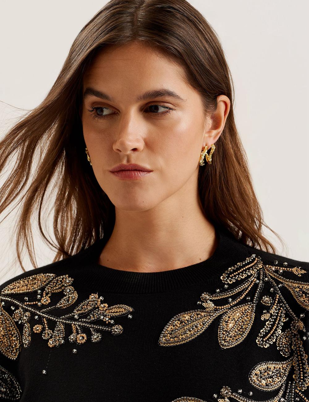 Ted Baker ROSMRRY - Embellished Floral Detail Knitted ジャンパー レディース 黒 | Japan  GHJR-98506