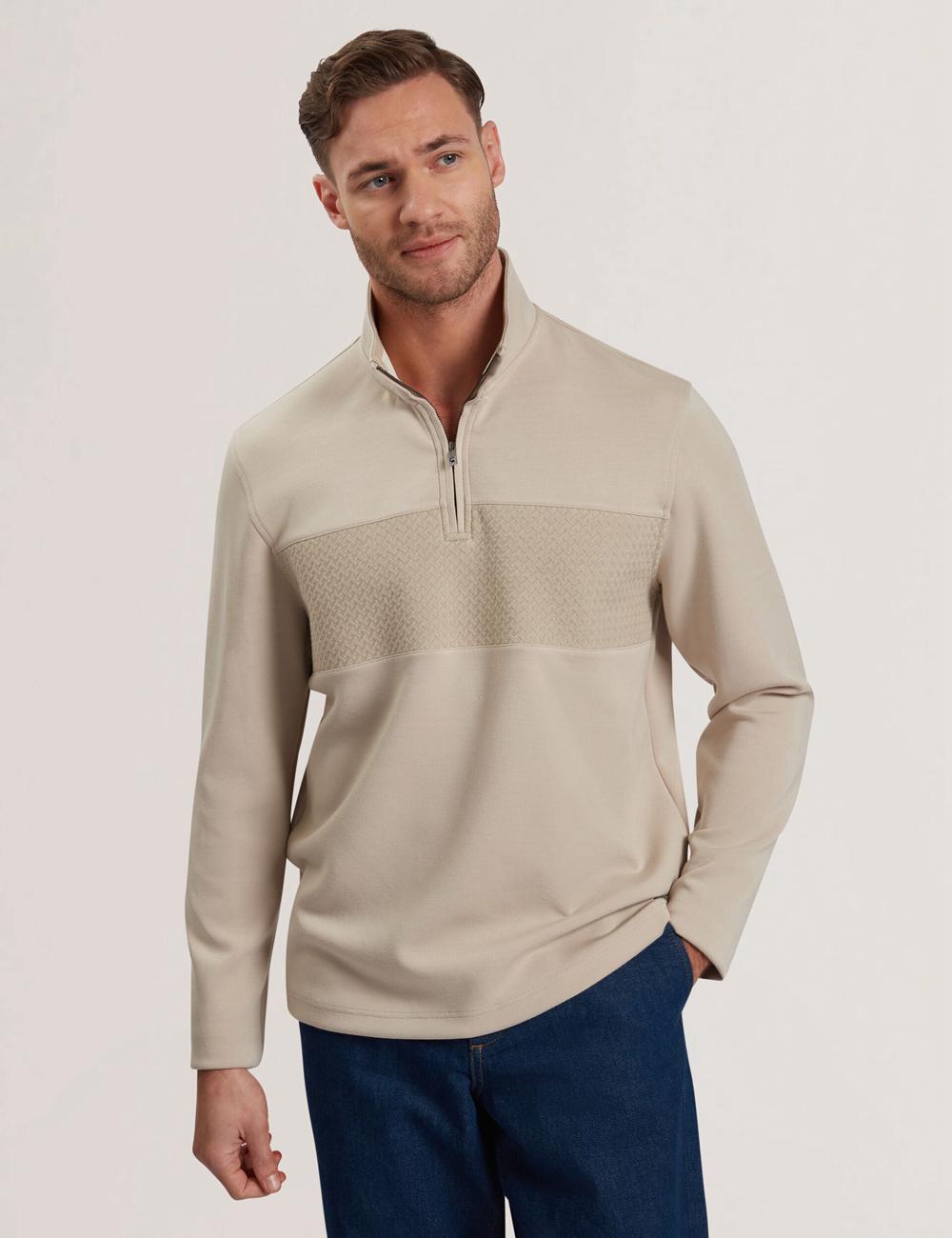 Ted Baker SIMONEA - Textured Panel Half-Zip Modal スウェットシャツ メンズ Taupe | Japan  XCWR-89463
