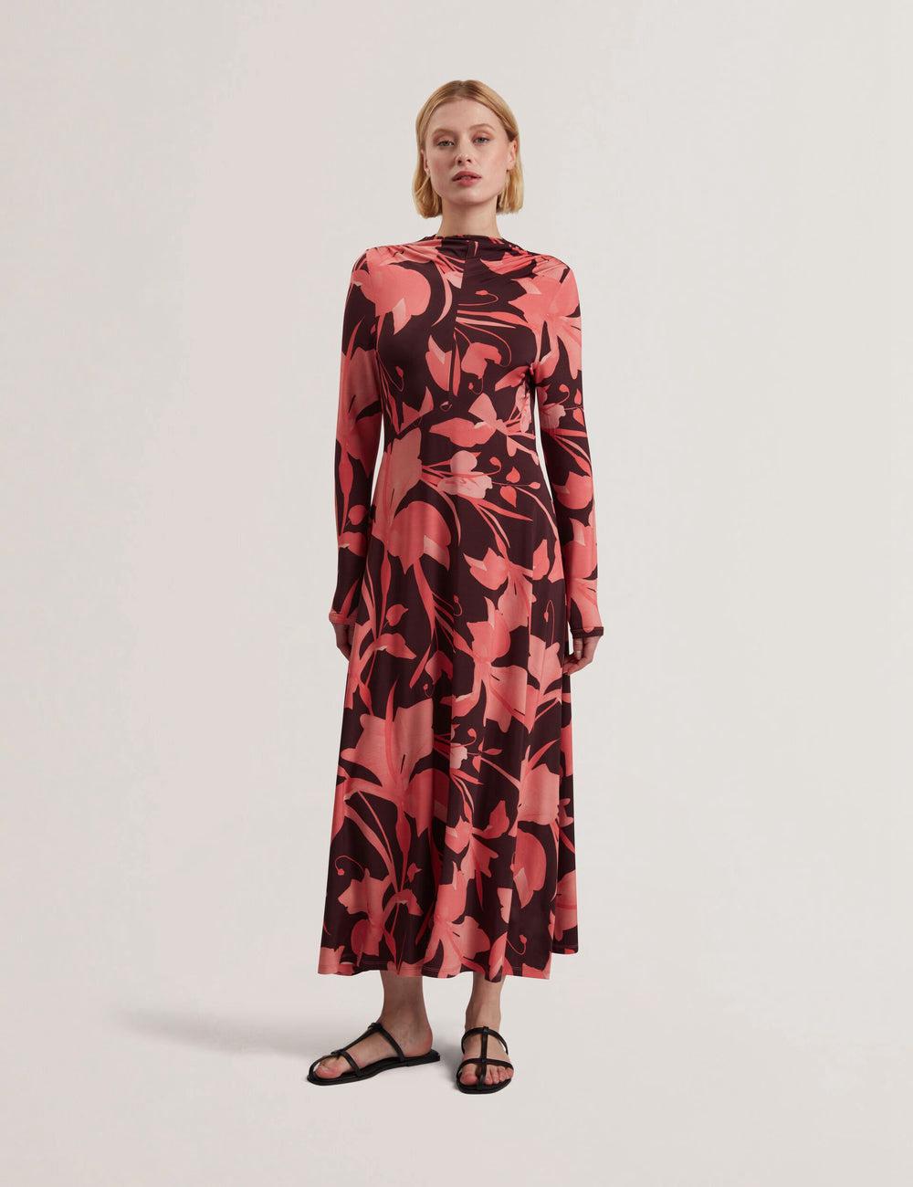 Ted Baker STARLAH - Slinky Printed Jersey Long Sleeve ミディドレス レディース ブラウン | Japan  TZUL-21904