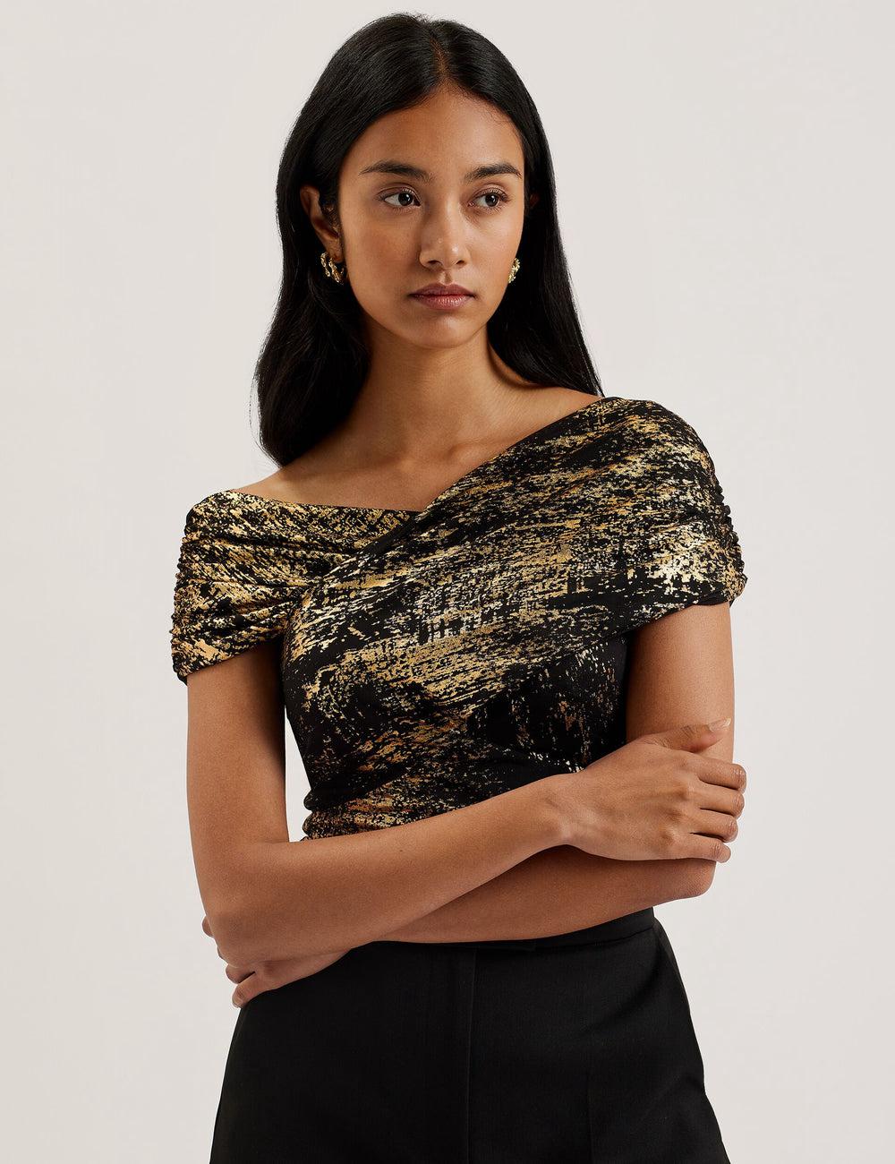Ted Baker TALULAR - Bardot Foil Printed Mesh トップス レディース 黒 | Japan  IAUY-84120