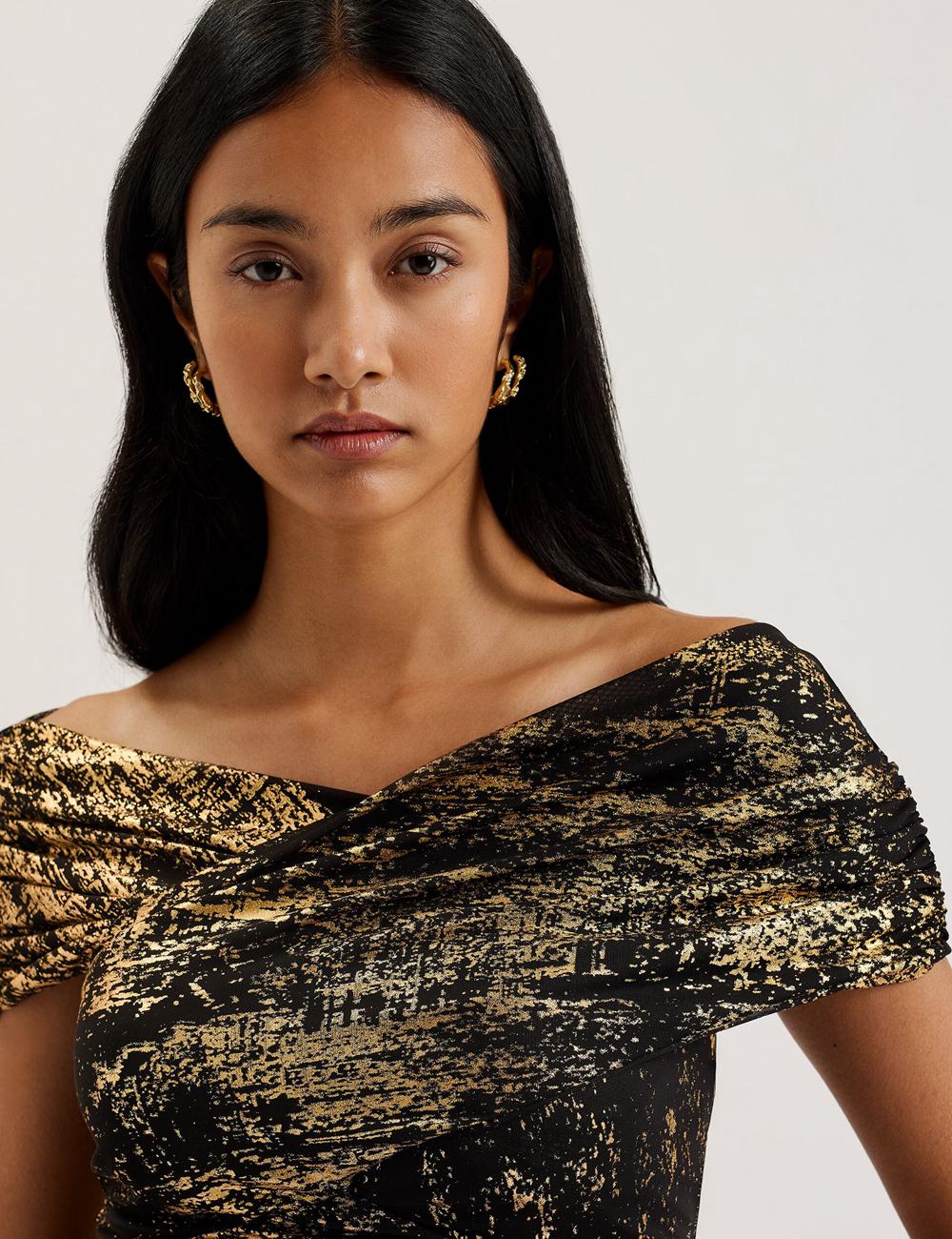 Ted Baker TALULAR - Bardot Foil Printed Mesh トップス レディース 黒 | Japan  IAUY-84120