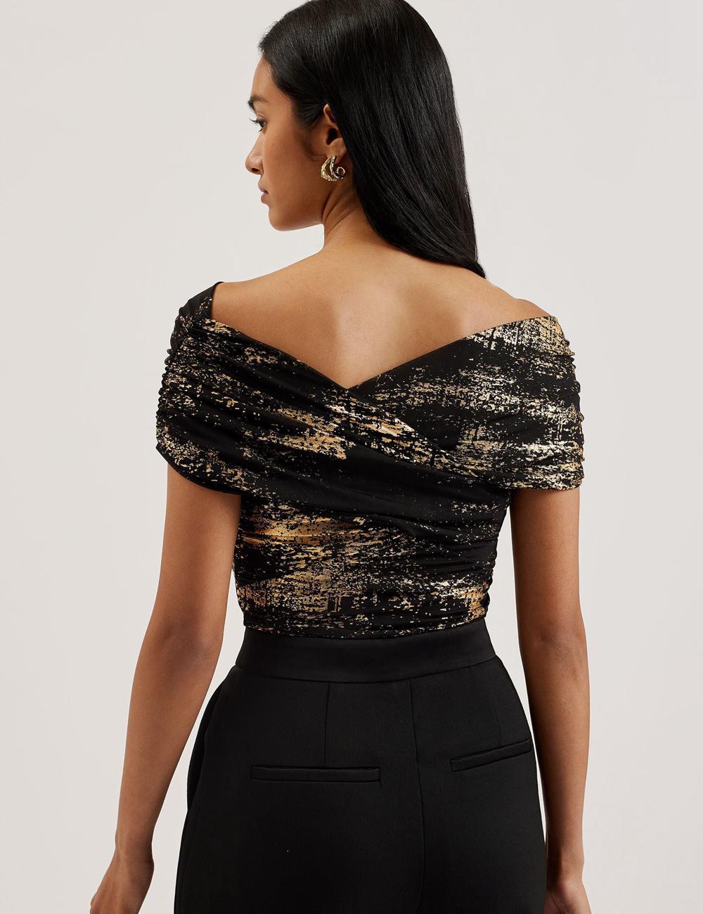 Ted Baker TALULAR - Bardot Foil Printed Mesh トップス レディース 黒 | Japan  IAUY-84120