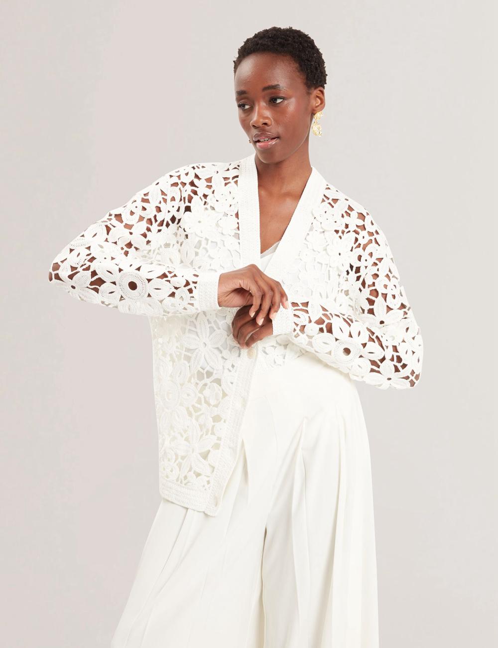 Ted Baker TARLI - Crochet Open Knit Longline カーディガン レディース 白 | Japan  RYJB-96347