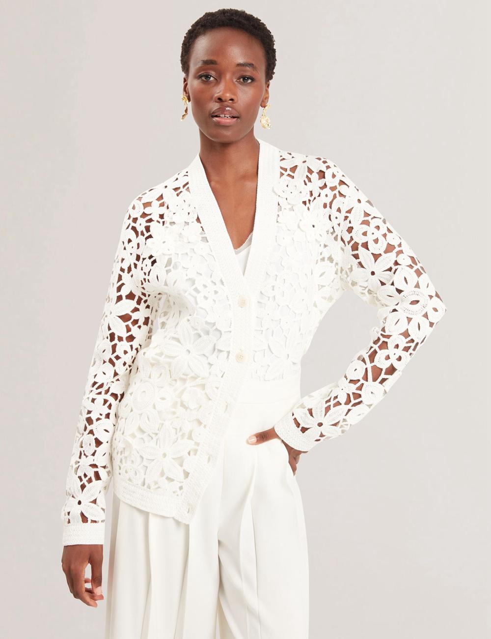 Ted Baker TARLI - Crochet Open Knit Longline カーディガン レディース 白 | Japan  RYJB-96347