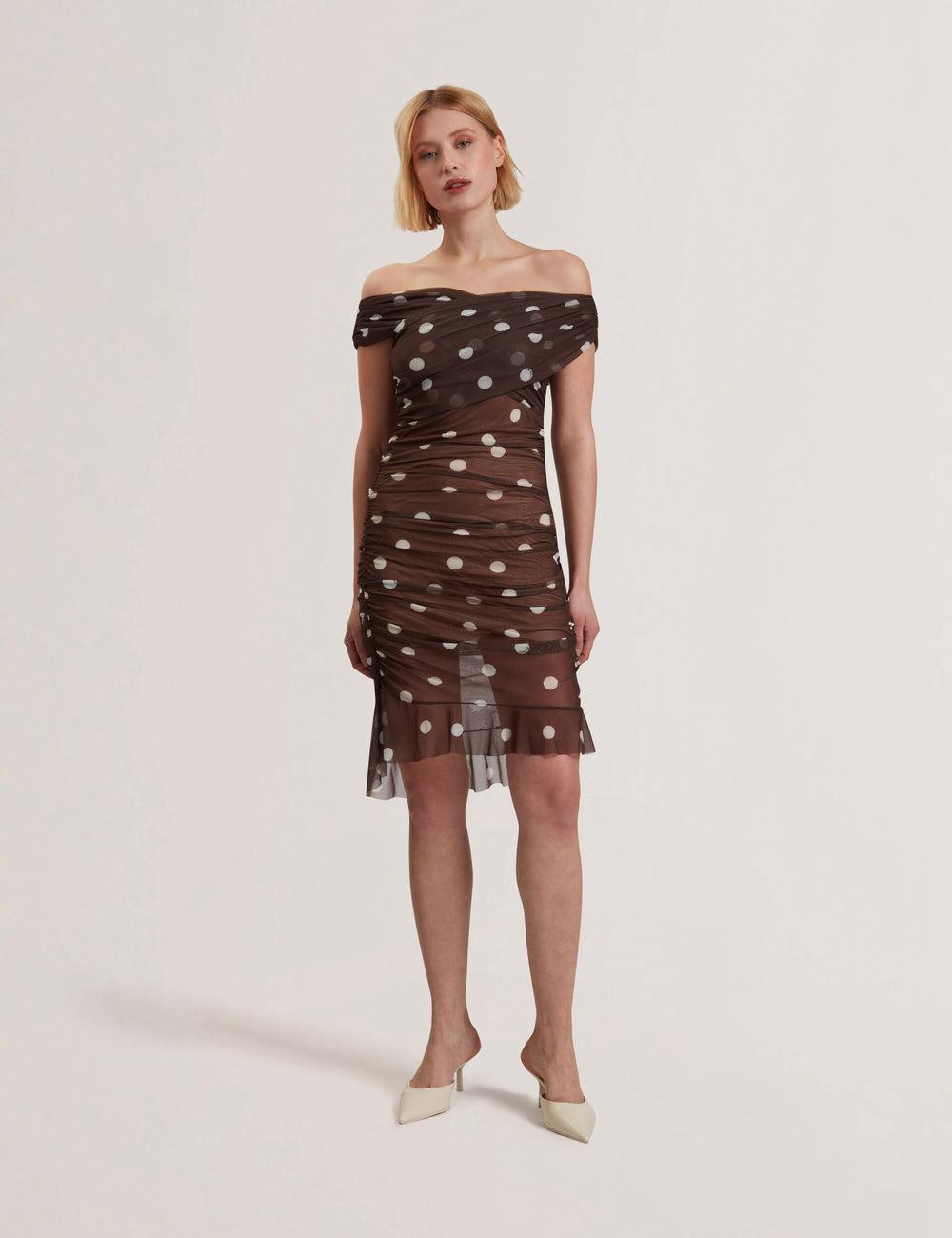 Ted Baker TILDAHH - Off-Shoulder Polka Dot Mesh ミニドレス レディース ブラウン | Japan  BVFA-74916
