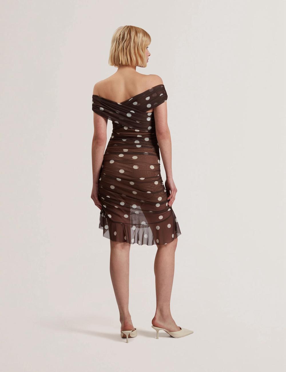 Ted Baker TILDAHH - Off-Shoulder Polka Dot Mesh ミニドレス レディース ブラウン | Japan  BVFA-74916