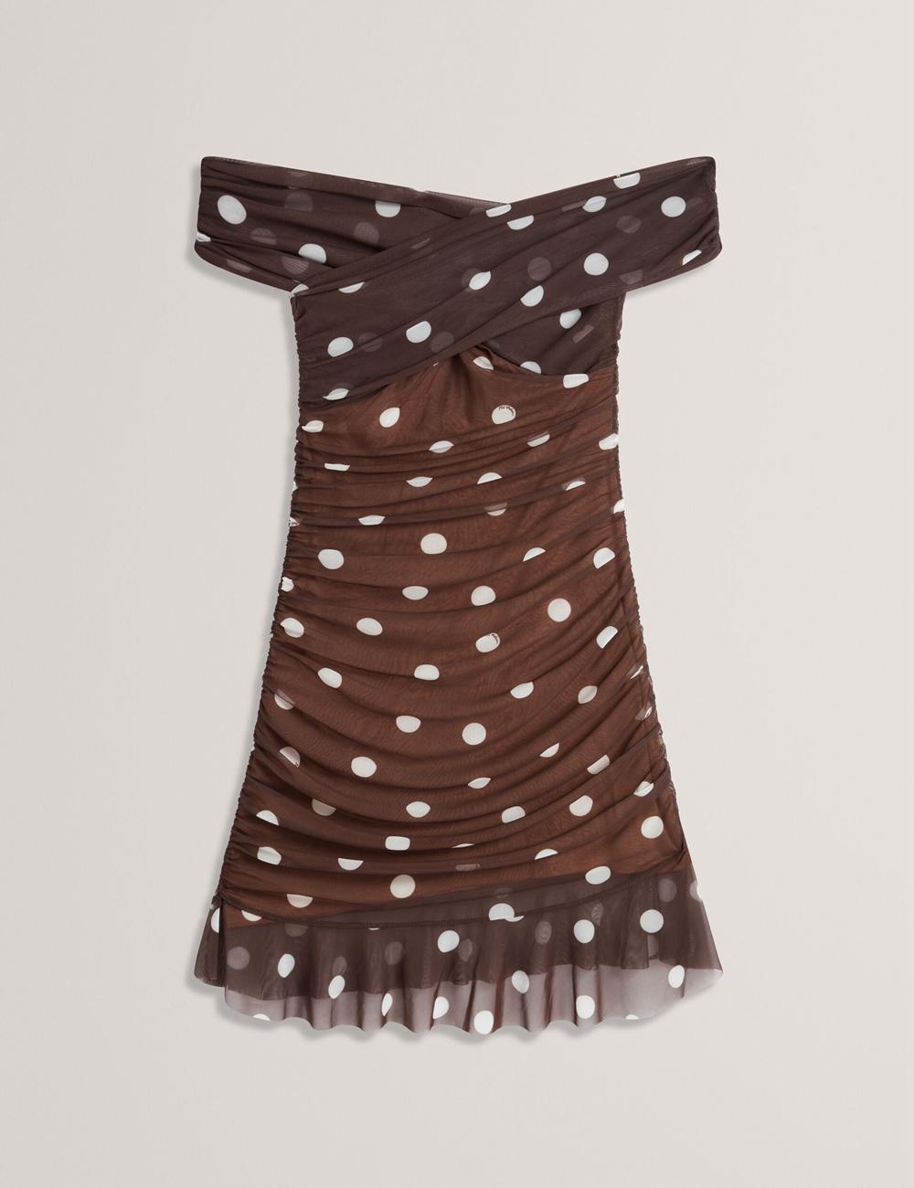 Ted Baker TILDAHH - Off-Shoulder Polka Dot Mesh ミニドレス レディース ブラウン | Japan  BVFA-74916