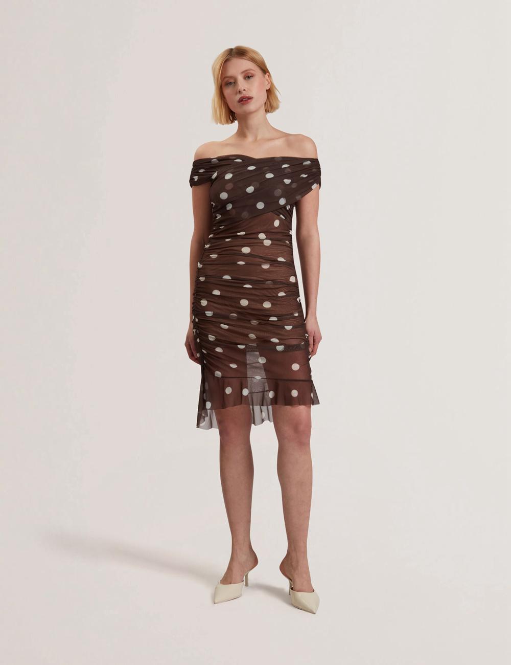 Ted Baker TILDAHH - Off-Shoulder Polka Dot Mesh ミニドレス レディース ブラウン | Japan  BVFA-74916