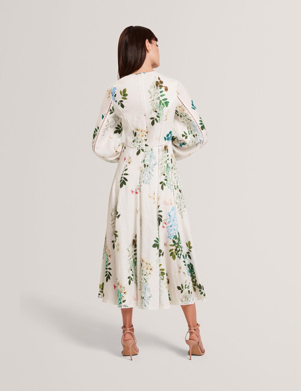 Ted Baker UTALA - Floral Crochet Trim Linen ミディドレス レディース 白 | Japan  NEPY-65410