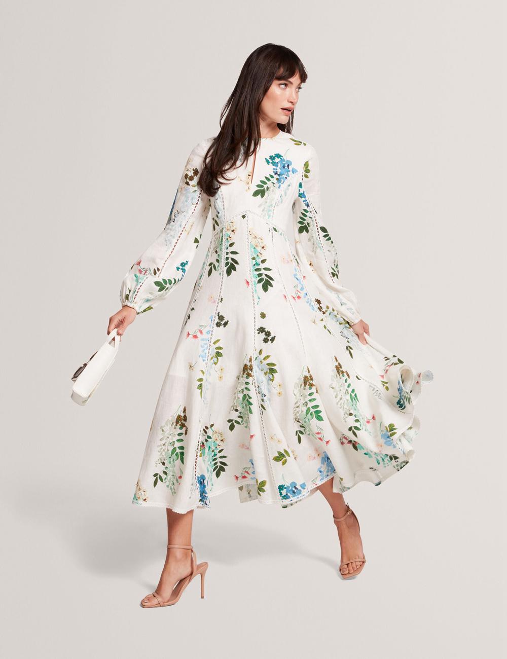 Ted Baker UTALA - Floral Crochet Trim Linen ミディドレス レディース 白 | Japan  NEPY-65410