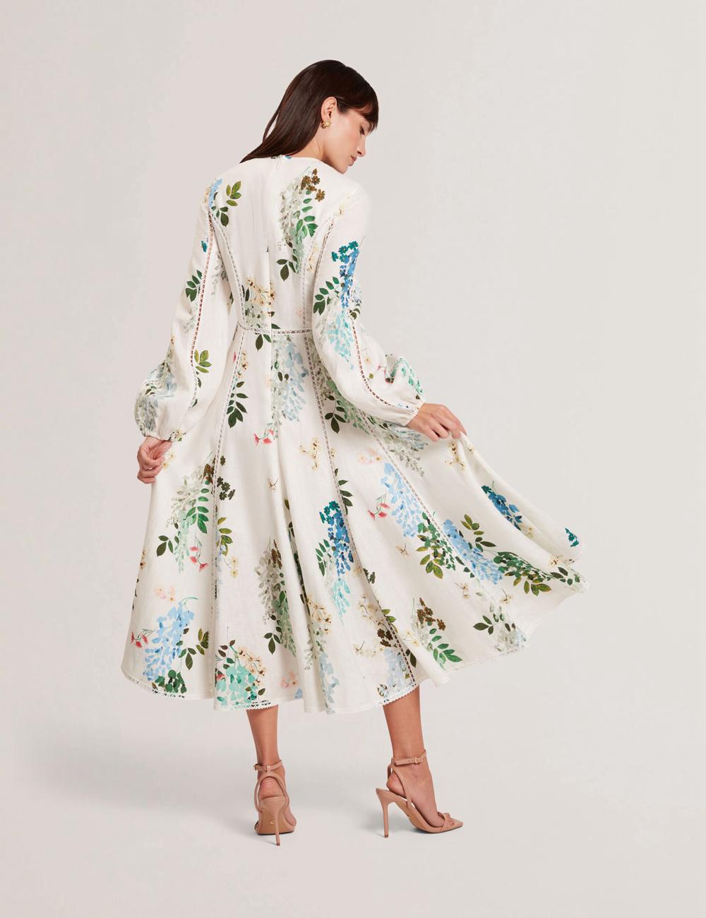 Ted Baker UTALA - Floral Crochet Trim Linen ミディドレス レディース 白 | Japan  NEPY-65410