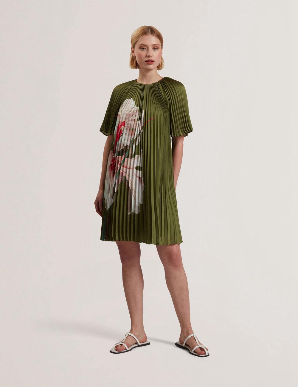Ted Baker VINLAA - Floral Graphic Pleated Satin ミニドレス レディース 緑 | Japan  NOTW-30219