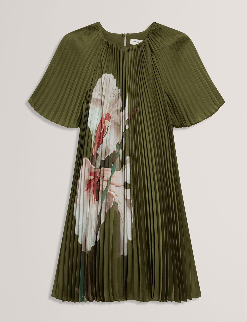 Ted Baker VINLAA - Floral Graphic Pleated Satin ミニドレス レディース 緑 | Japan  NOTW-30219