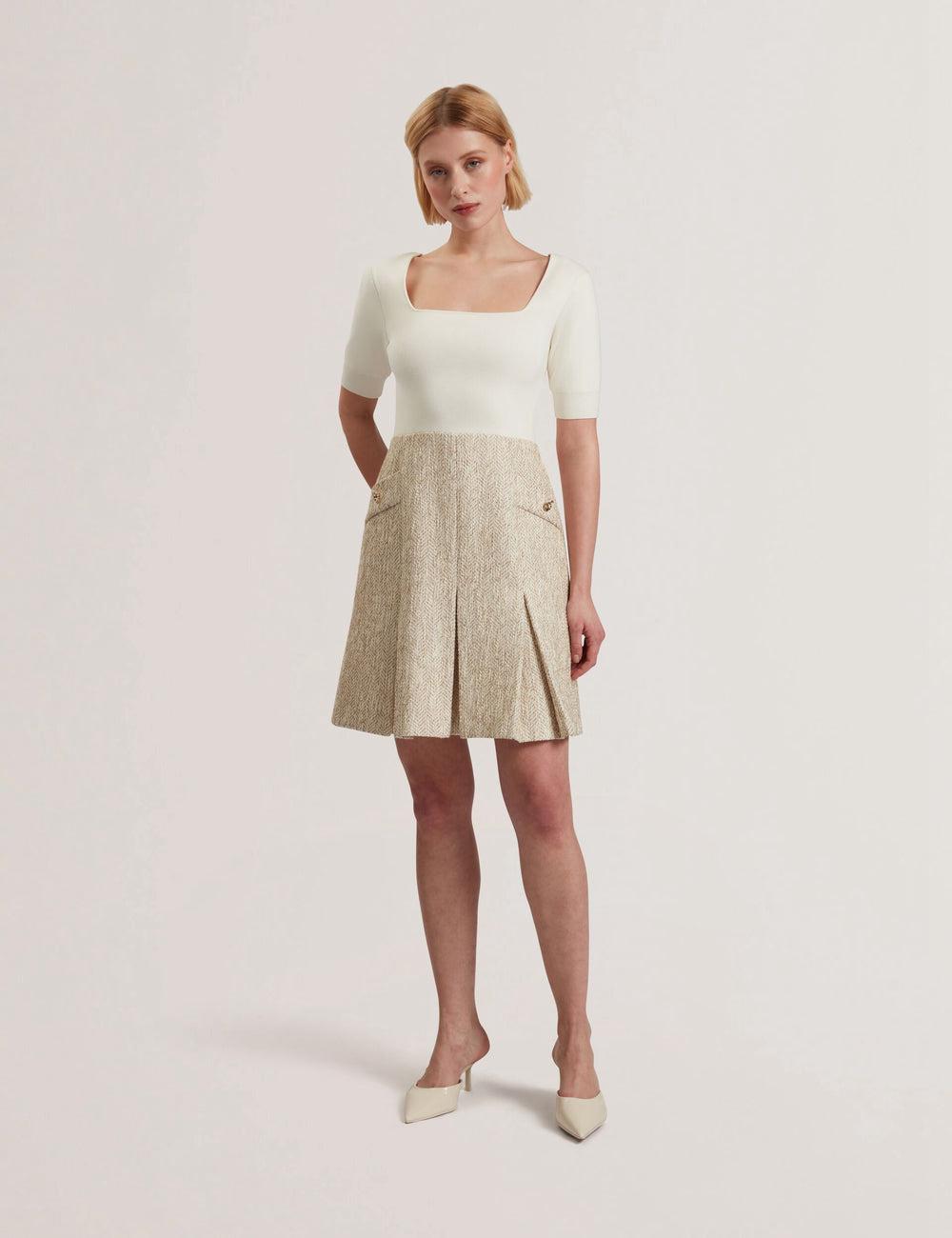 Ted Baker VULPAD - Pleated Boucle With Knit Bodice ミニドレス レディース Ivory | Japan  XMUJ-58370