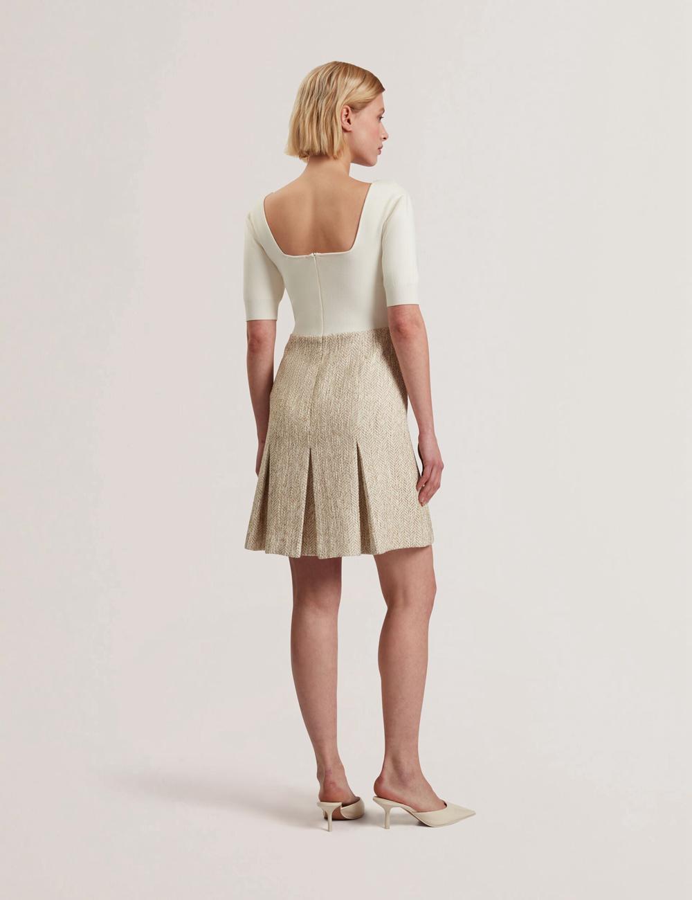 Ted Baker VULPAD - Pleated Boucle With Knit Bodice ミニドレス レディース Ivory | Japan  XMUJ-58370