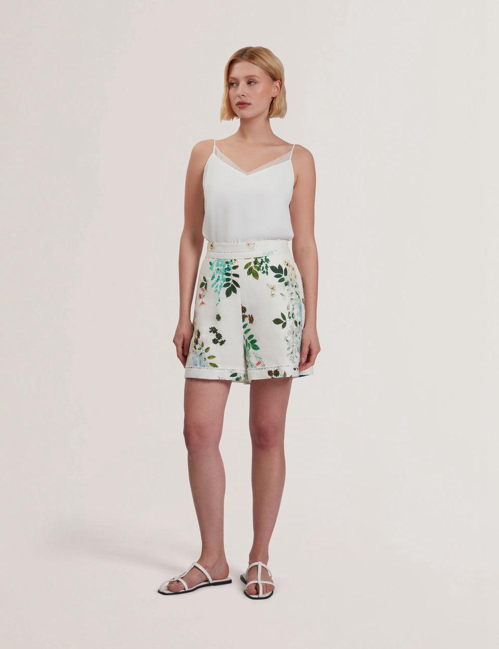 Ted Baker VYLLA - Floral High Waist Linen With Trim Detail ショートパンツ レディース 白 | Japan  MQBK-29081
