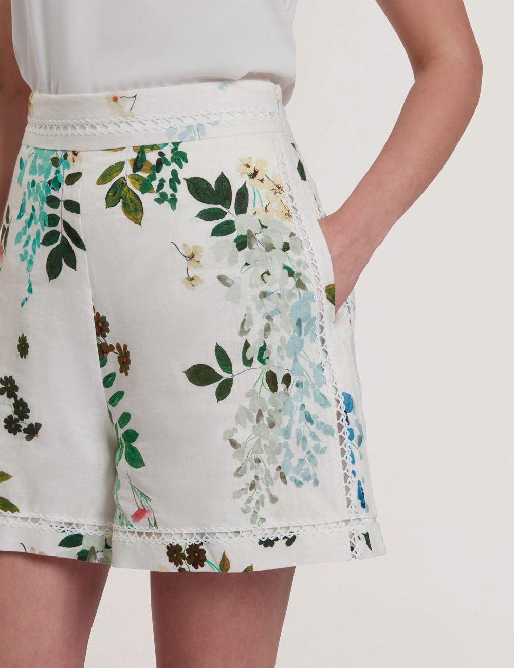 Ted Baker VYLLA - Floral High Waist Linen With Trim Detail ショートパンツ レディース 白 | Japan  MQBK-29081