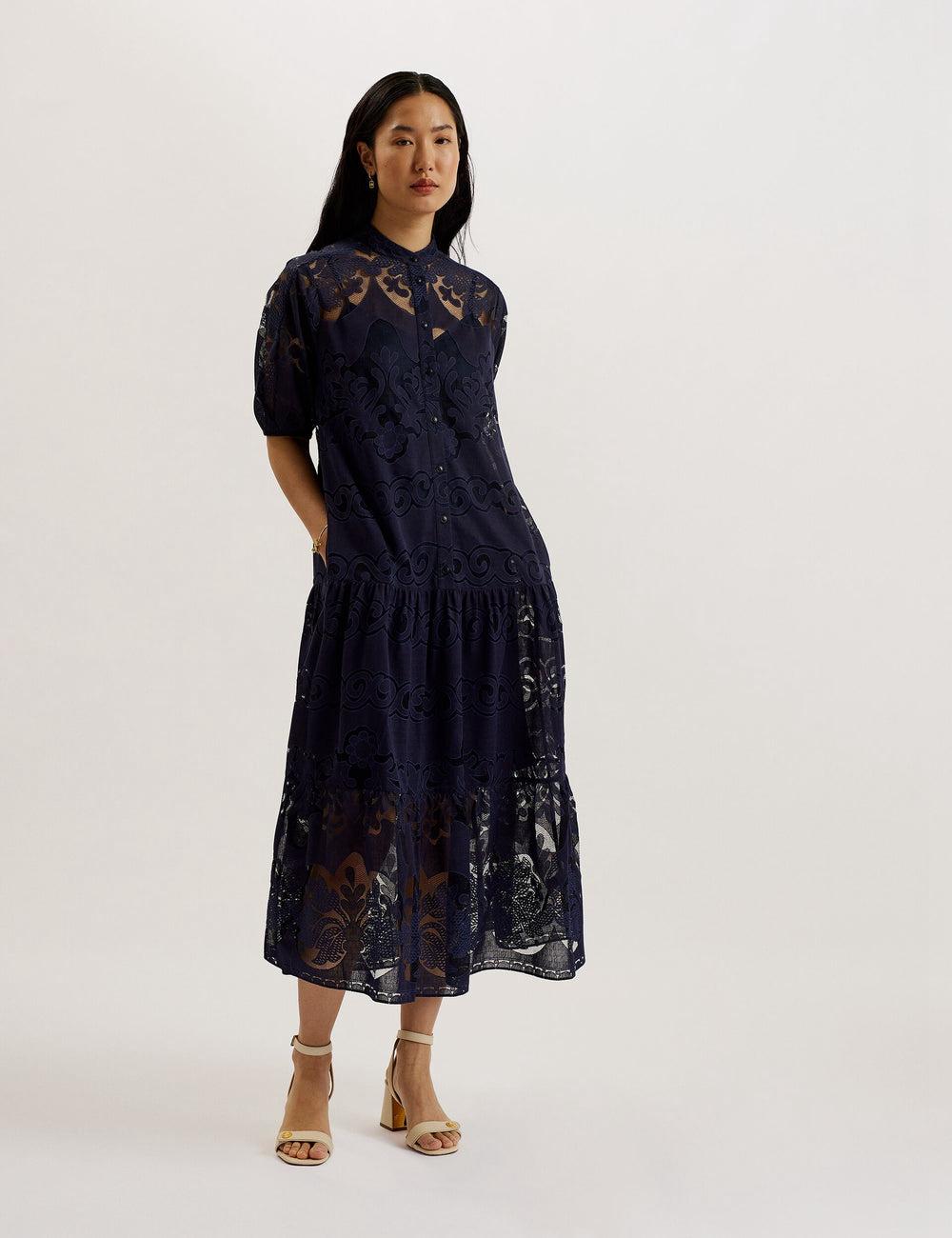 Ted Baker XATIVA - Lace Puff Sleeve Midi Shift ミディドレス レディース 青 | Japan  ZUWL-30192