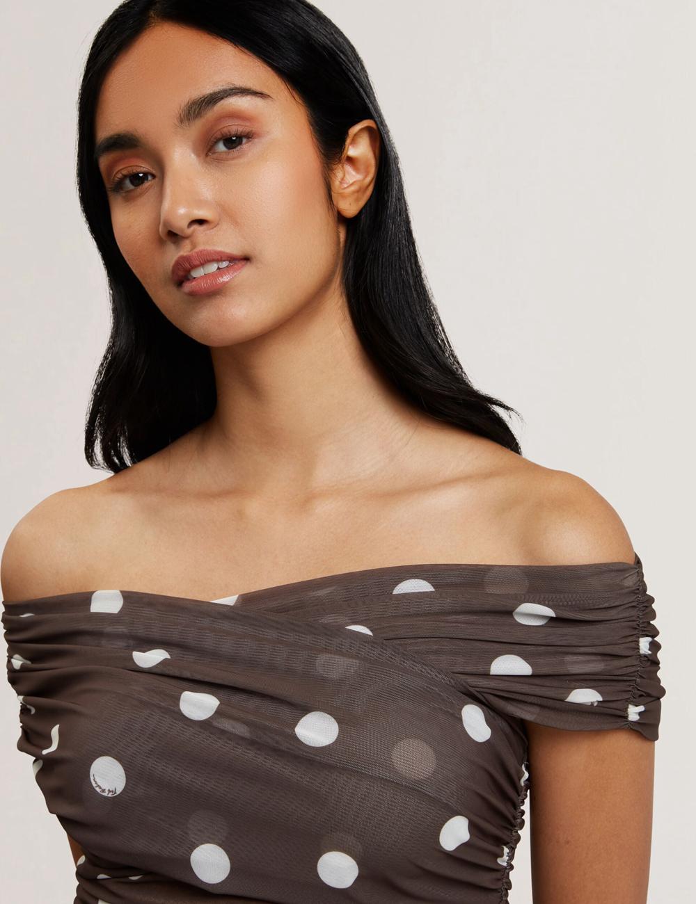 Ted Baker ZAAMO - Off-the-Shoulder Polka Dot Mesh トップス レディース ブラウン | Japan  WKUP-31594