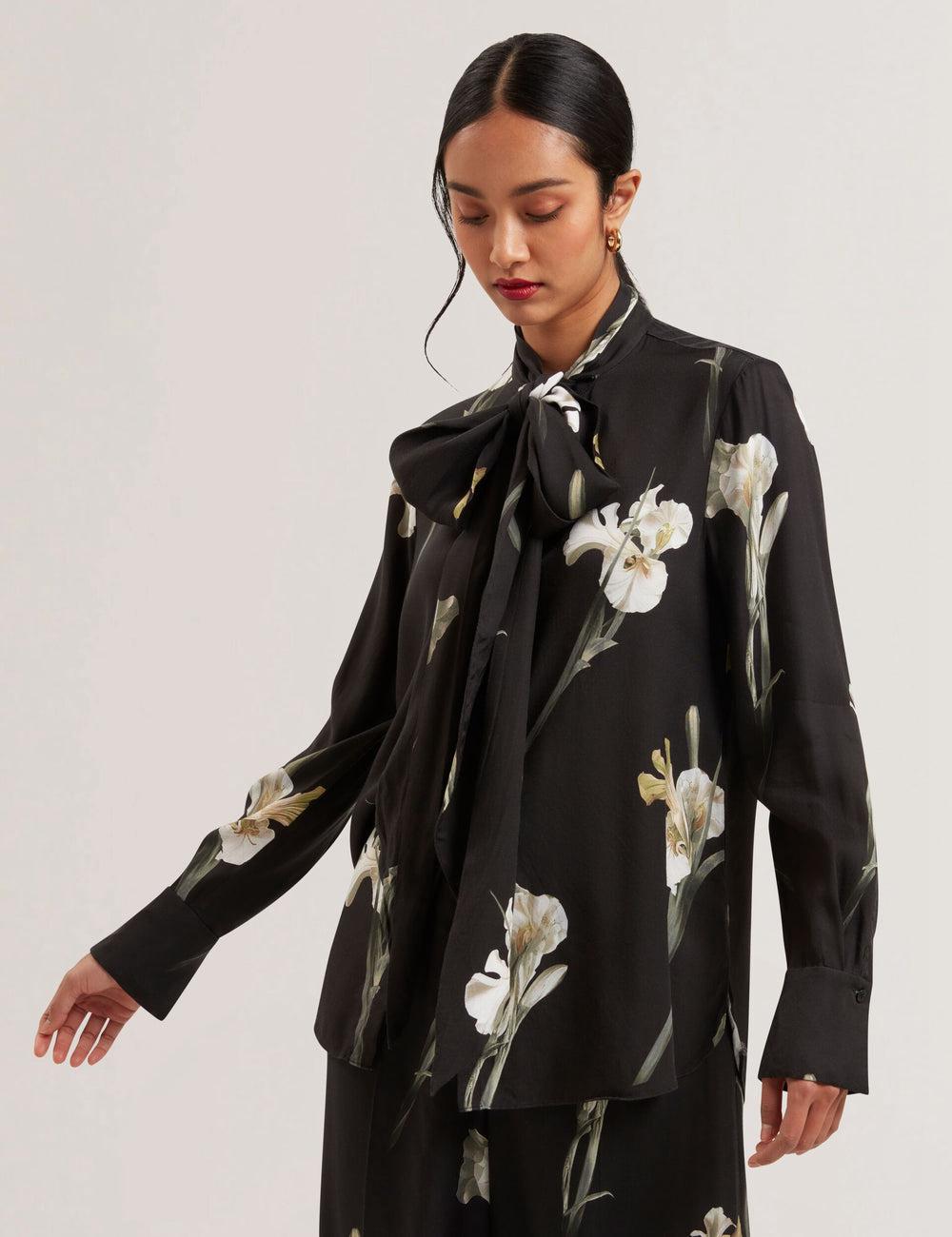 Ted Baker ZAKIIER - Neck Floral Print Long Sleeve ブラウス レディース 黒 | Japan  XJTY-54092