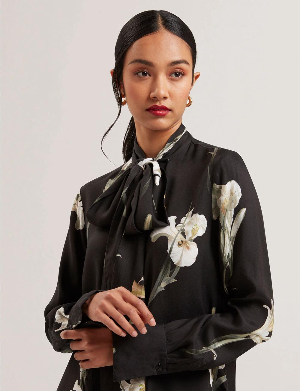 Ted Baker ZAKIIER - Neck Floral Print Long Sleeve ブラウス レディース 黒 | Japan  XJTY-54092