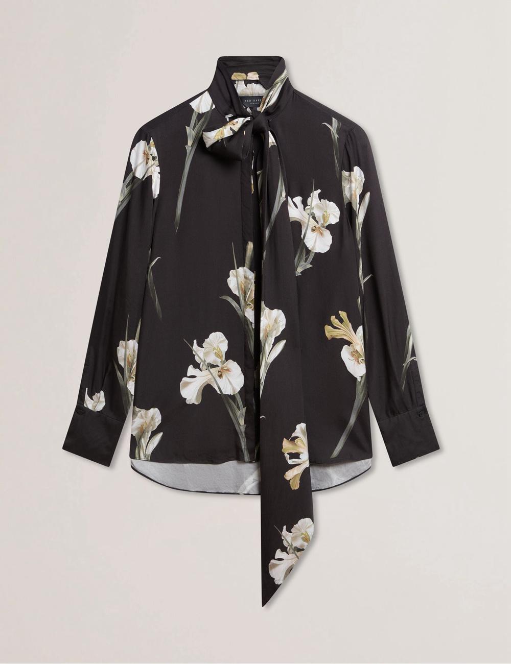 Ted Baker ZAKIIER - Neck Floral Print Long Sleeve ブラウス レディース 黒 | Japan  XJTY-54092
