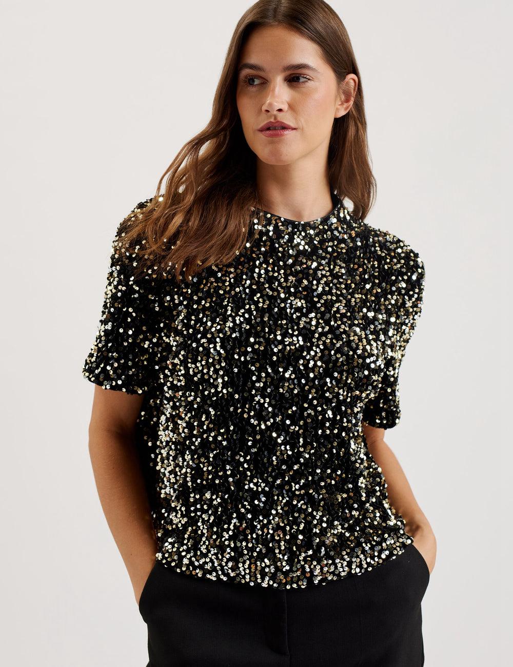 Ted Baker ZARHAAA - Sequined Velvet Short Sleeve Top シャツ レディース 黒 | Japan  QGET-19830