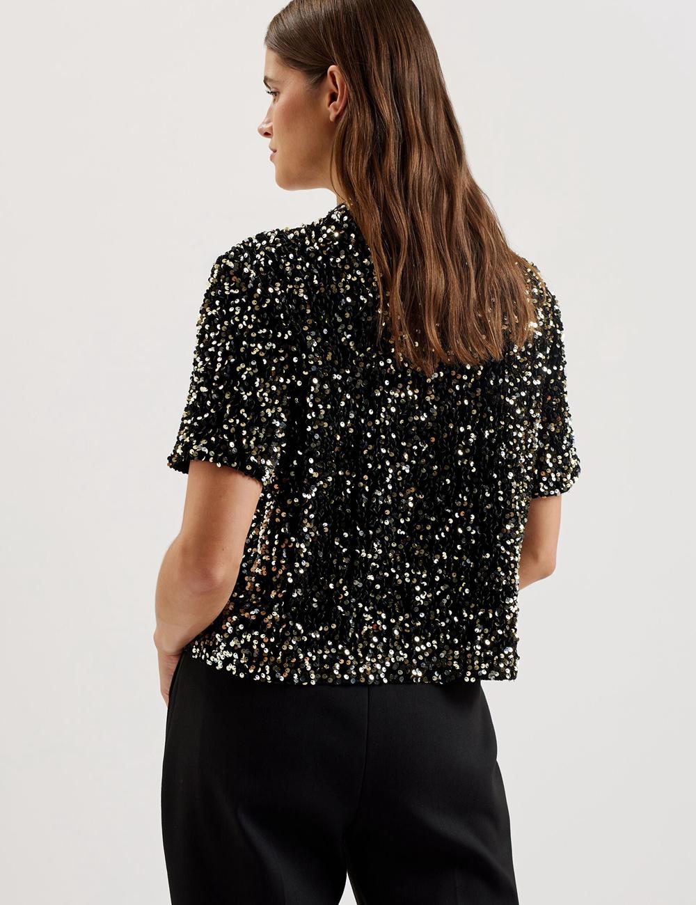 Ted Baker ZARHAAA - Sequined Velvet Short Sleeve Top シャツ レディース 黒 | Japan  QGET-19830